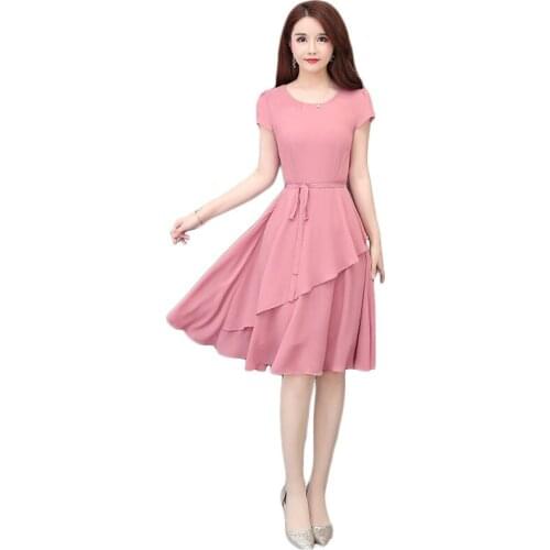 Pink dress women green s-4xl plus size short sleeve 2020 summer new Korean bow slim fashion irregular chiffon fairy dress LD1296