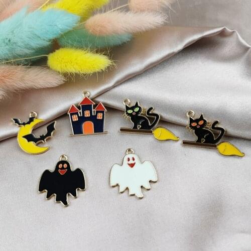ApeUr 10pcs Enamel Halloween Decorations Charms Pendant for Jewelry Making Wizard Bat Ghost Cat for Necklace Bracelet Supplies