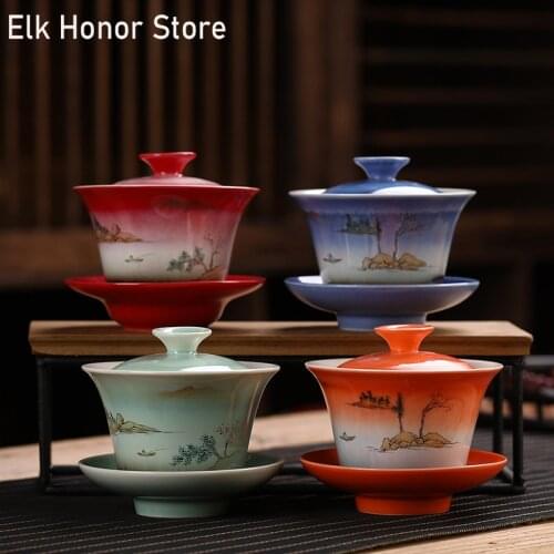 155ml Retro Kiln Fambe GaiWan Hand Painted Landscape Porcelain Bowls Pu'er Flower Tea Cups Mugs Home Decoration Accessories Gift