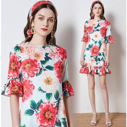 2021 Summer Dress For Women Lady France Style Flare Sleeve Flroal Printed Elegant O-Neck Ruffled Mermaid Dress Vestidos