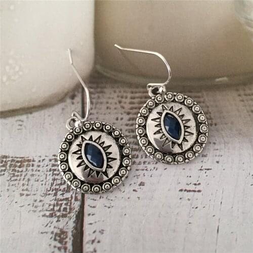 Antique Rhodium Color Plating Eye Stone Engraved Textured Round Charm Drop Earrings For Women Girl Bohemia Vintage Fashion