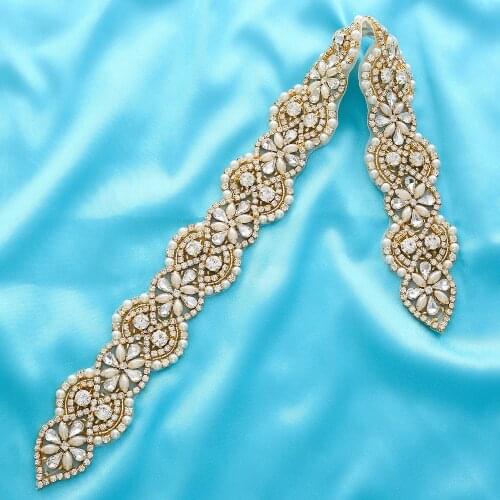 Beaded Gold Bridal Wide Garment Silver Pearl Accessories Applique Handmade Rhinestone Wedding Dresses Crystal DIY Wholesale S175