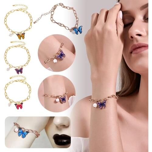 Butterfly Bracelet Alloy O chain Pendant Charms Bracelet for Women Girls Thermochromic Butterflies Pearl Thick Chain Bracelets