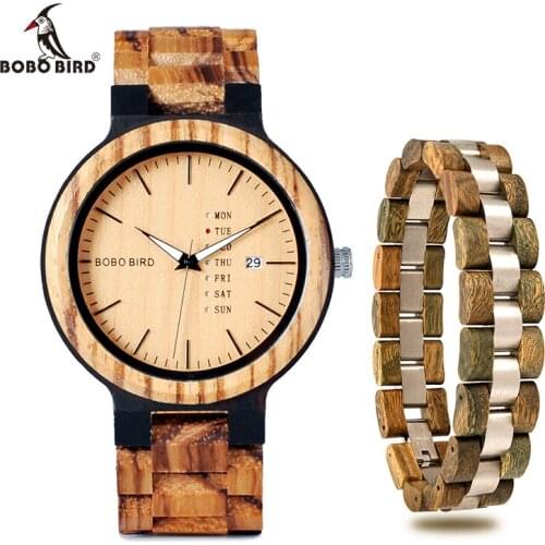 BOBO BIRD Zebra Wood Quartz Watch With Bracelet Men Wristwatch Week & Date Display Best Gift relogio masculino In Gift Box V-O26