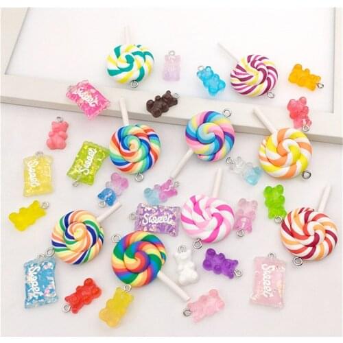 Julie Wang 32PCS Resin Charms Mixed Bear Candy Polymer Clay Lollipop Pendants Bracelet Jewelry Making Accessory Decor