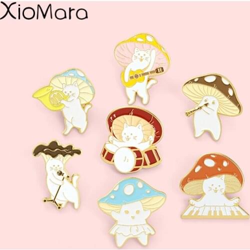 Mushroom Band Enamel Pins Cat Form Plant Brooches Badges Clothes Bag Cute Pins Jewelry Gift for Friends