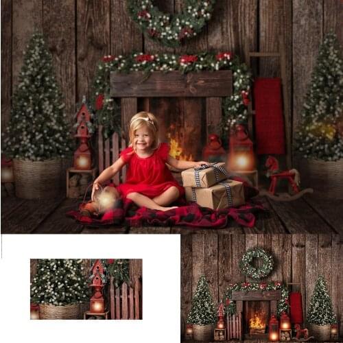 Wood Fireplace Christmas Kids Photography Backdrop Festival Decor Wreath Trees Party Props Newborn Child Background Photostudio