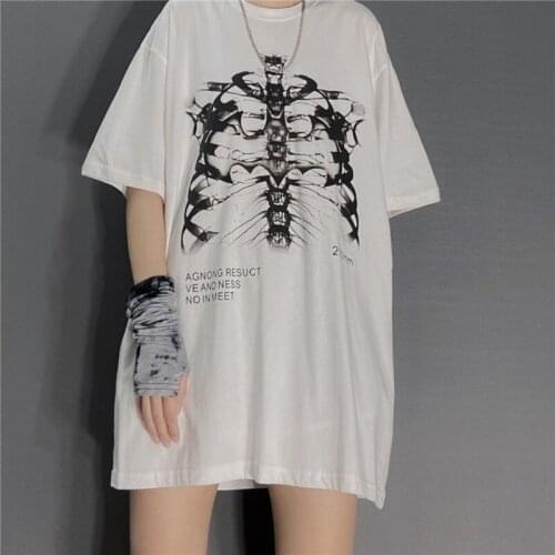 Womens Oversized T-Shirt Trendy Skeleton Letter Print Short Sleeve Tee Shirt Summer Loose Casual Stylish Tee Tops for Girls