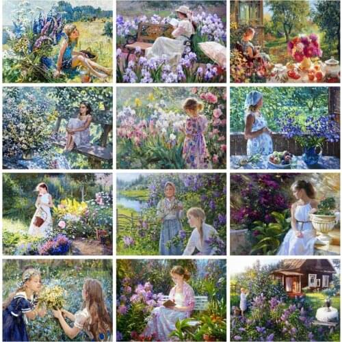 Huacan Diy Diamond Painting Girl Garden Diamond Art Mosaic Embroidery Cross Stitch Flower Scenery Wall Sticker Home Decor