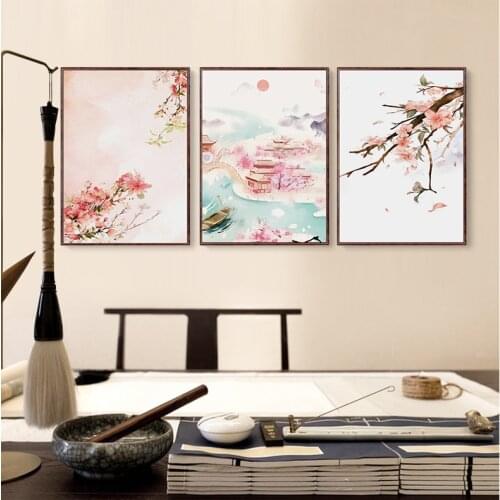 Watercolor Landscape Canvas Painting Pink Plum Blossom Chinese Ancient House Poster Wall Art Picture For Living Room Home Decor