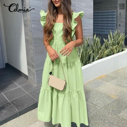 Celmia 14 Colors Summer Maxi Sundress Women Sexy Sleeveless Ruffle Dress Bohemian Square Collar Casual Backless Party Vestidos