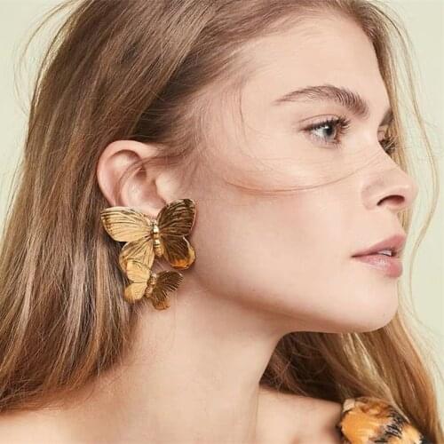 H&H Trendy Gold Double Butterfly Stud Earrings For Women Gift Metal Wing Earrings PersonalityJewelry Butterfly Earrings
