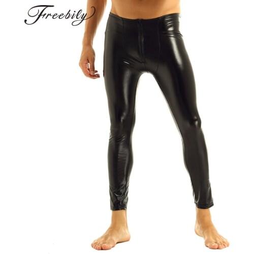 Mens Patent Leather Pants Stage Skinny Performance Pants Stretch Leggings Men Sexy Bodywear Trousers Underwear Clubwear