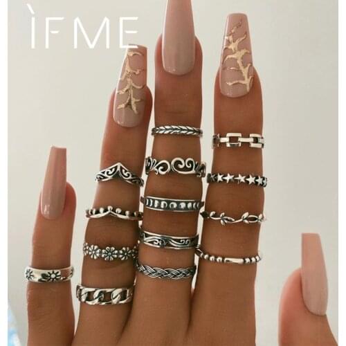 IF ME Vintage Ethnic Silver Color Leaf Flower Chain Finger Rings Set for Women Girl Geometric Sun Star Midi Knuckle Ring Jewelry