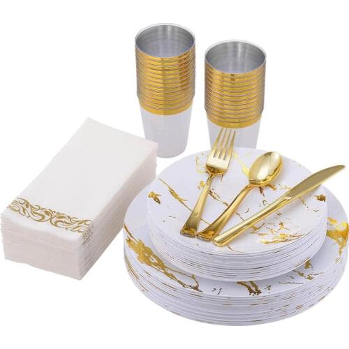 70 Pcs Disposable Tableware Marble Plastic Dinner Plate Golden Cutlery Spoon Cup Napkin Set Wedding Birthday Party Supplies