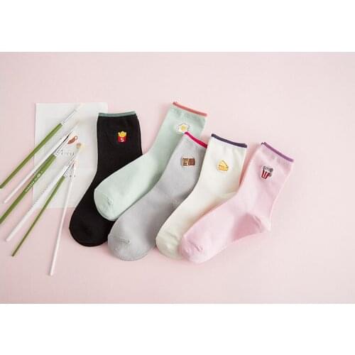 New Arrival Women Socks Handmade Embroidered Fries Hamburgers Chocolate Pattern Socks Autumn Winter Retro Simple crimping Socks