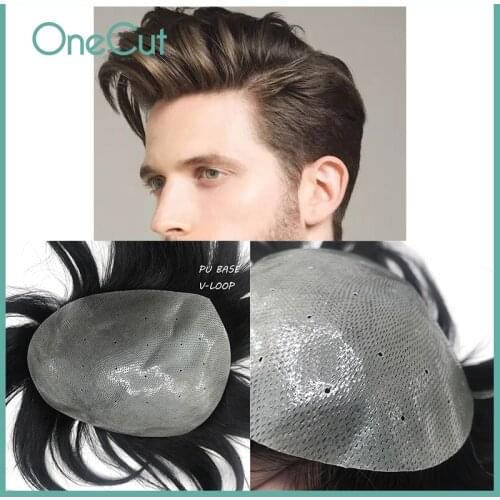 Men Toupee PU Base V-loop Wig Hairpiece Capillary Fleeciness Realistic Natural Black Simulate Human Hair Replacement System Unit