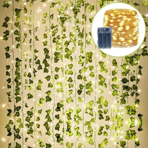 12 Pack 2m Artificial Ivy Garland Fake Plants Vine Hanging Garland with 10m 100LED Light Hang for Home Wedding Garden Decoration