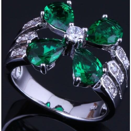 Absorbing Flower Green Cubic Zirconia White CZ Silver Plated Ring V0427