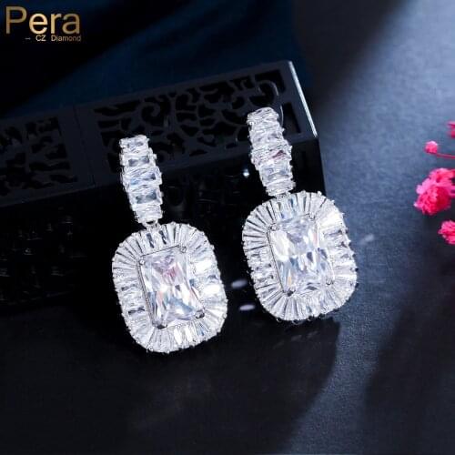 Pera Elegant Women Party Silver Color Ear Jewelry Big Clear White Cubic Zirconia Rectangle Shape Long Drop Earrings E137