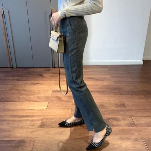 Spring fashion British houndstooth woolen trousers female winter warm split design small flare casual pants F985