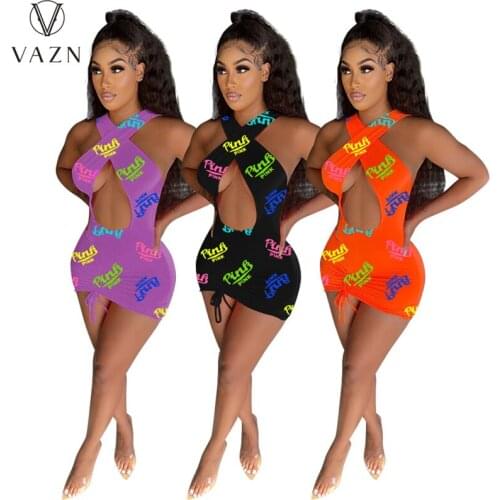VAZN Top Quality 2021 Sexy Sleeveless Halter Letter Cocktail Women Elegant Fashion Slim Dress Club Birthday Shinny Dress