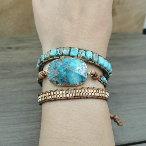 High-end leather-wrapped regal stone vintage hand-woven statement art chain bracelet jewelry gift