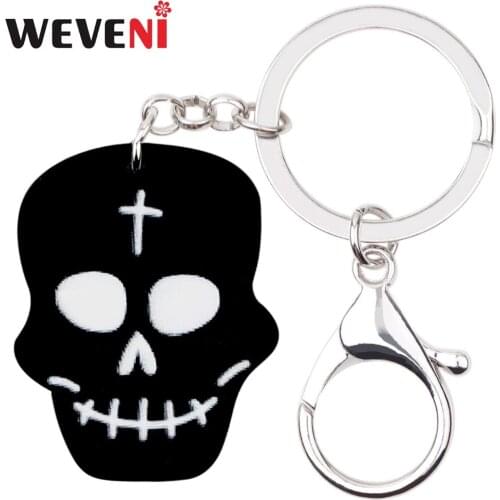 WEVENI Acrylic Halloween Black Skull Skeleton Key Chain Keychain Cute Pendant Punk Jewelry For Women Girls Bag Car Charm Bijoux