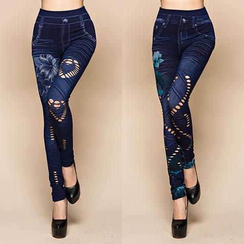 Womens Sexy Hollow Cut Elastic Pants Flower Print Skinny Jeans Denim Leggings Sexy Flower Print Skinny Jeans Denim Long Pant