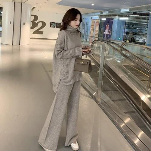2021 Sweater Set Women Tracksuit Spring Autumn Knitted Suits 2 Piece Set Warm Turtleneck Sweater Pullovers Wide Legs Pants