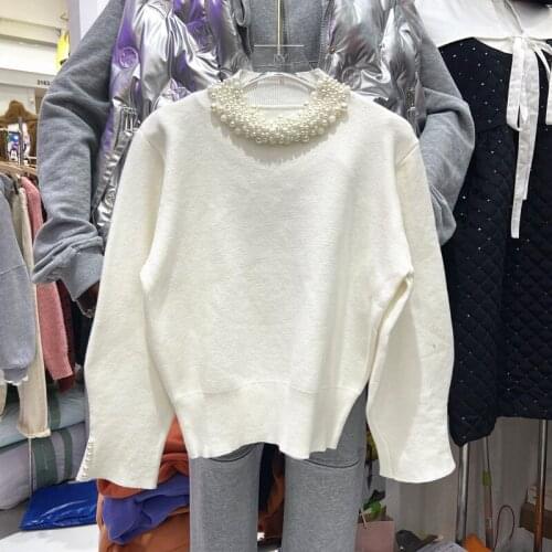 Pearl Beaded Neck Sweater for Women Autumn Winter All-Matching Temperament Long Sleeve Sweaters Knit Tops White Black