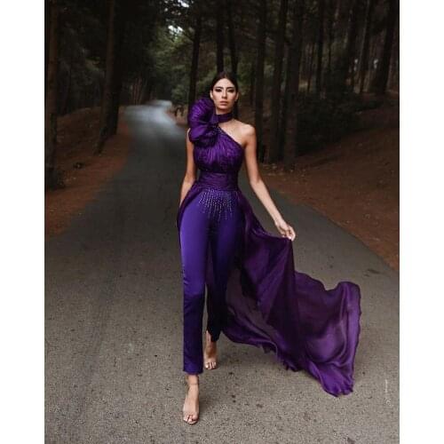 2020 Purple Evening Jumpsuit With Long Train Halter Sleeveless Prom Dress Women Pants Suit Saudi Arabia Celebrity Carpet Gown