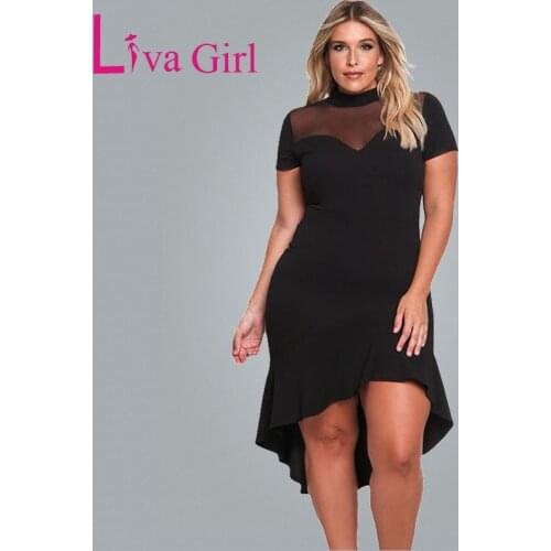 LIVA GIRL Black Plus Size Party Midi Dress for Women Fishtail Mesh Short Sleeve Big Large Size Dresses Sheath Sexy Vestidos XXXL