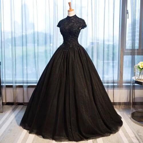 2020 High Neck Beading Lace Black Evening Dress A-Line Elegant Short Sleeve Crystal Long Robe de soirée LE40755