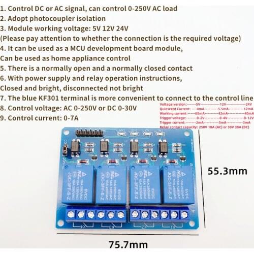 1pcs 4 channel Blue board relay module,5V12V24V,with optocoupler isolation relay module output low level trigger electronic DIY