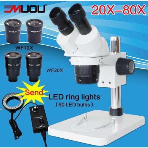 20X-40X-80X Table Pillar Stand Zoom Magnification Binocular Stereo Microscope inspect PCB microscope+60LED+Two WF20X eyep
