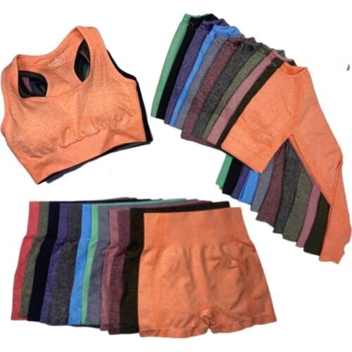 3Pcs Sports Suits Seamless Yoga Set Women Gym Workout Clothes Sports Bra+Yoga Running Biker Shorts+Long sleeve