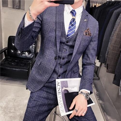 Blazer+Pants+Vest) Gentleman Male Plaid Western Slim Fit Wedding Banquet Party Business Casual 3-piece Suit Men plus Size S-7XL