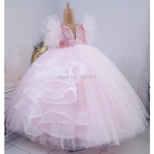 Flower Girl Long Dresses Handmade Flowers Little Girl Birthday Dress Ball Gown Communion Pageant Dress