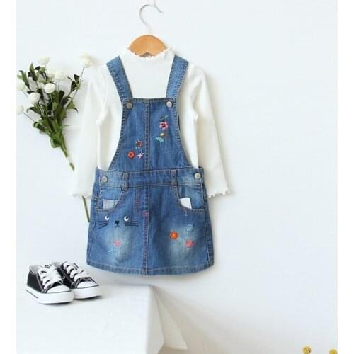 New Dress Girls Denim Sundress Baby Character-cat-embroidery Sundress Kids Suspender Denim dress Child Sundress