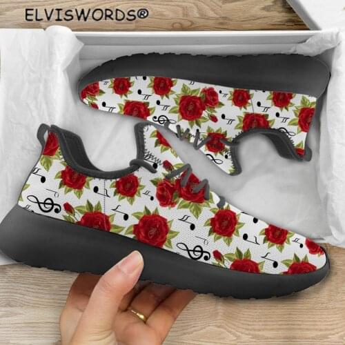 ELVISWORDS Musical Notes and Red Roses Printed Breathable Womens Mesh Knit Sneakers Casual Ladies Lace-up Walking Shoes туфли