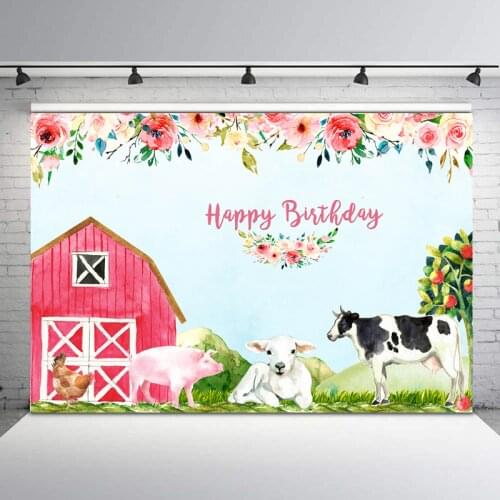 NeoBack Farm Theme Backdrop Pink Flowers Red Barn Animals Photo Background Birthday Party Dessert Table Decorations Props
