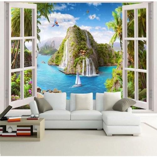 Custom Mural Wallpaper 3D Waterfall Sea View Window Landscape Fresco Living Room Restaurant Backdrop Wall Decor Papel De Parede