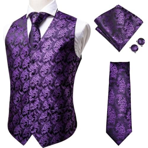 Hi-Tie Mens Vest Luxury Classic Purple Jacquard Silk Waistcoat Handkerchief Cufflinks Set Vest Suit Set For Men Party Wedding