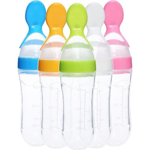 90ML Lovely Safety Infant Baby Silicone Feeding With Spoon Feeder Food Rice Cereal Bottle For Best Gift