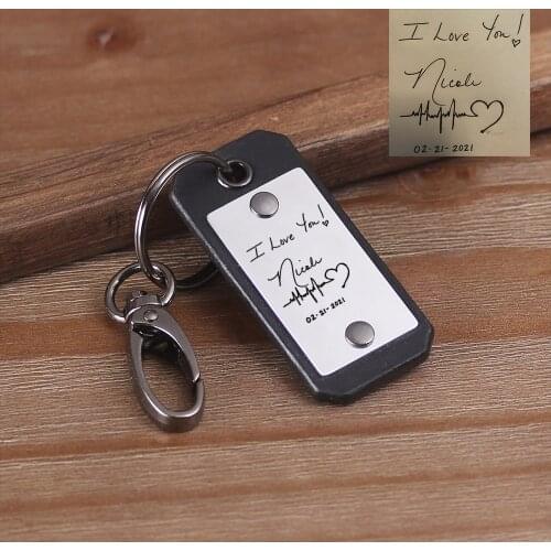 Leather Fingerprint Engraving Keychain - Personalized Handwrieing keychain - Leather State Map key chain - Gift for Him