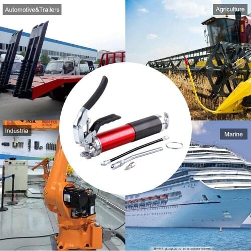 Red Heavy Duty 6000PSI Grease Gun Pistol Grip 400cc 14oz Lubrication Dual Flow W/12" Flex Hose and a 5-1/2" Metal Extension