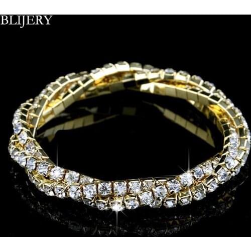 BLIJERY Gold-color Stretch Crystal Bridal Bracelets Rhinestone Twisty Bracelets Bangles for Women Wedding Party Accessories