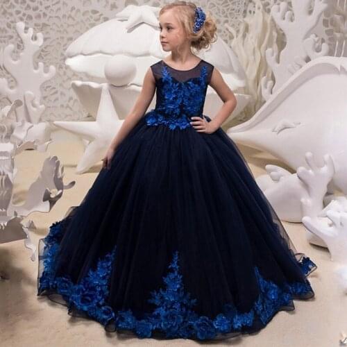 Girls V-back Lace Appliques Wedding Dress Blue Flower Girl Princess Dress Girl Party Dress Birthday Clothing 2-14 years
