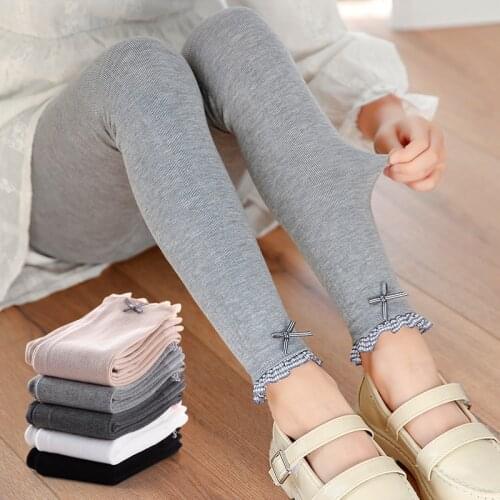 Girls' leggings spring and summer pure cotton plaid lace fashion nine-point pants baby breathable super stretch long pants